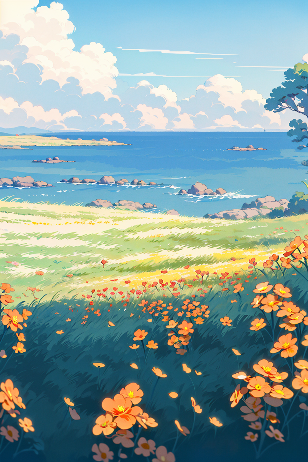 01216-1814378301-outdoors, flower, scenery, day, white flower, sky, ocean, tree, water, blue sky, grass, solo, standing, field, yellow flower, wi.png